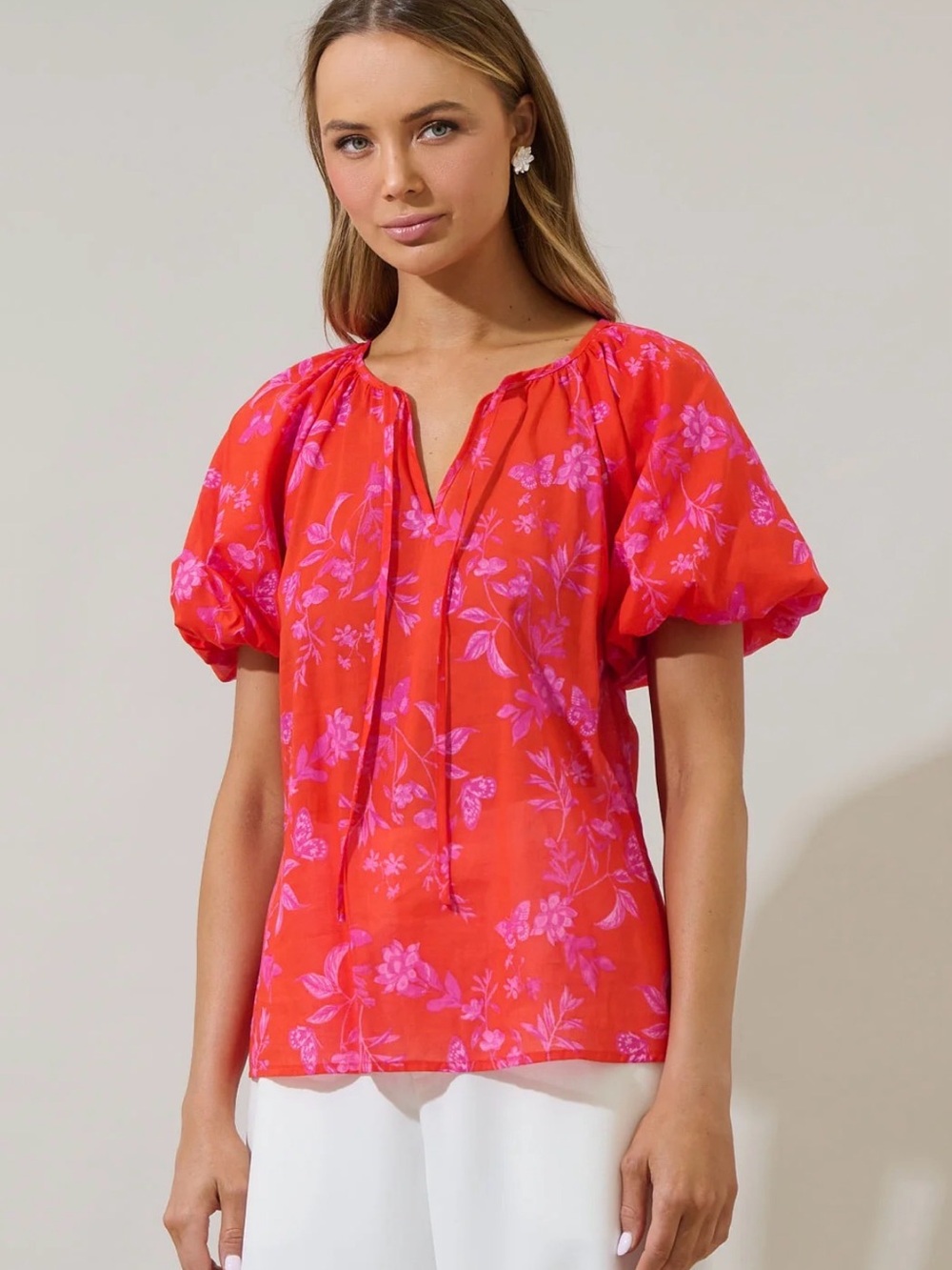 Sugarlips Red Puff-Sleeve Floral Tie-Neck Blouse